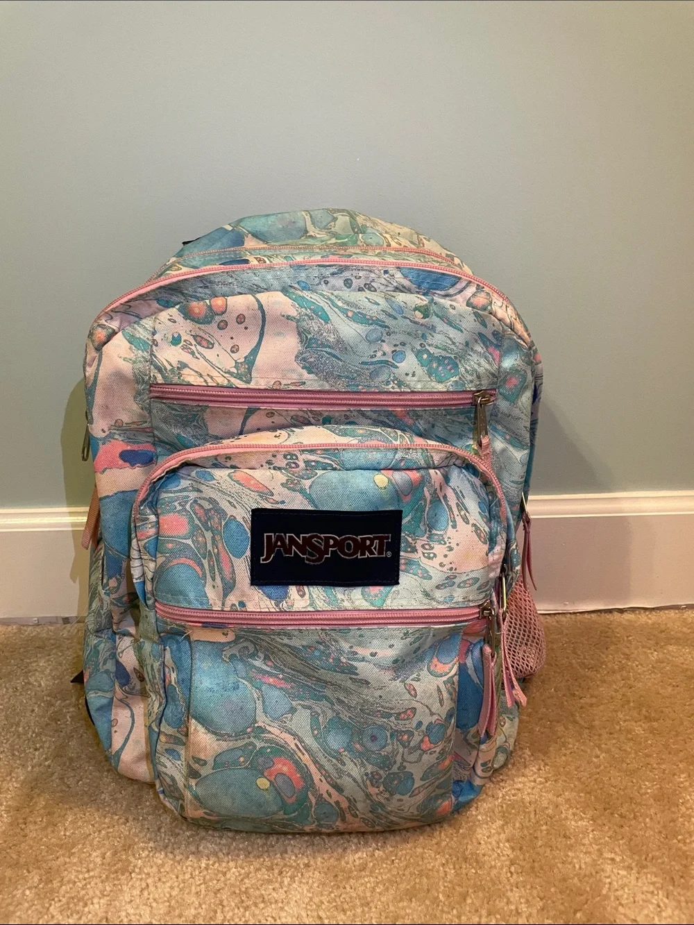 Jansport Swirled Marble Backpack in Blue and Pink